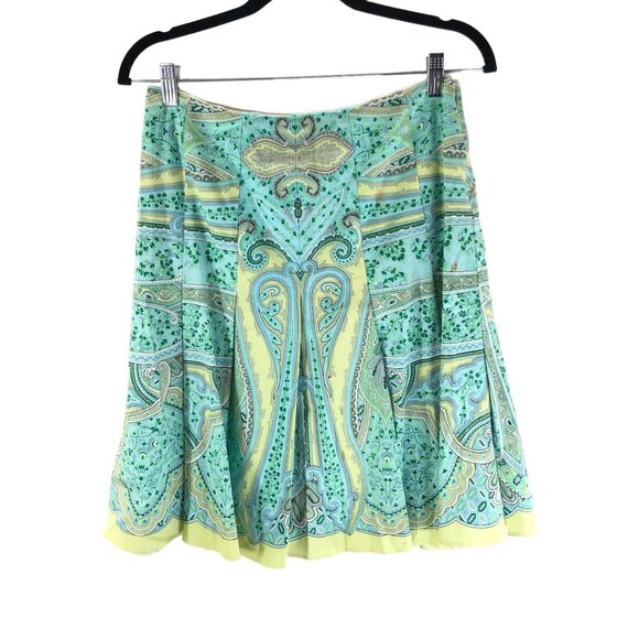 Elie Tahari Skirt Pleated A Line Cotton Stretch Paisley Blue Green 4 - Picture 1 of 7